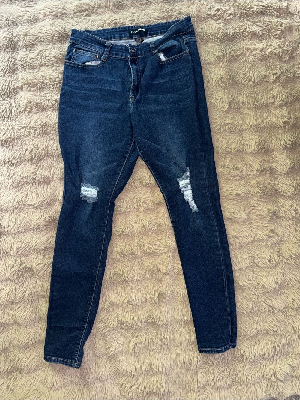 Fashion Nova Dark Blue Skinny Distressed Jeans